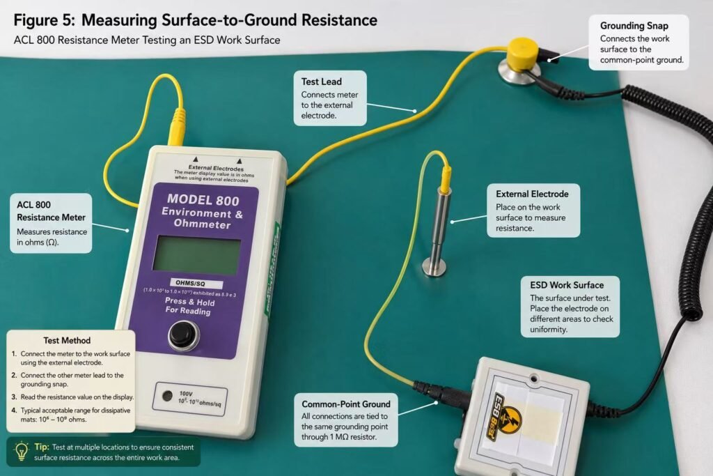 ACL 800 resistance meter verifying ESD mat resistance to ground