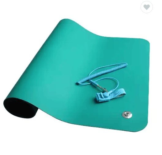 ESDBEST rubber anti static mat installed on a grounded electronics assembly workstation