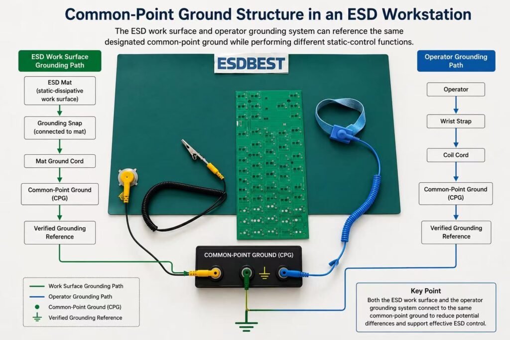 Common-point ground structure connecting an ESD mat and wrist strap