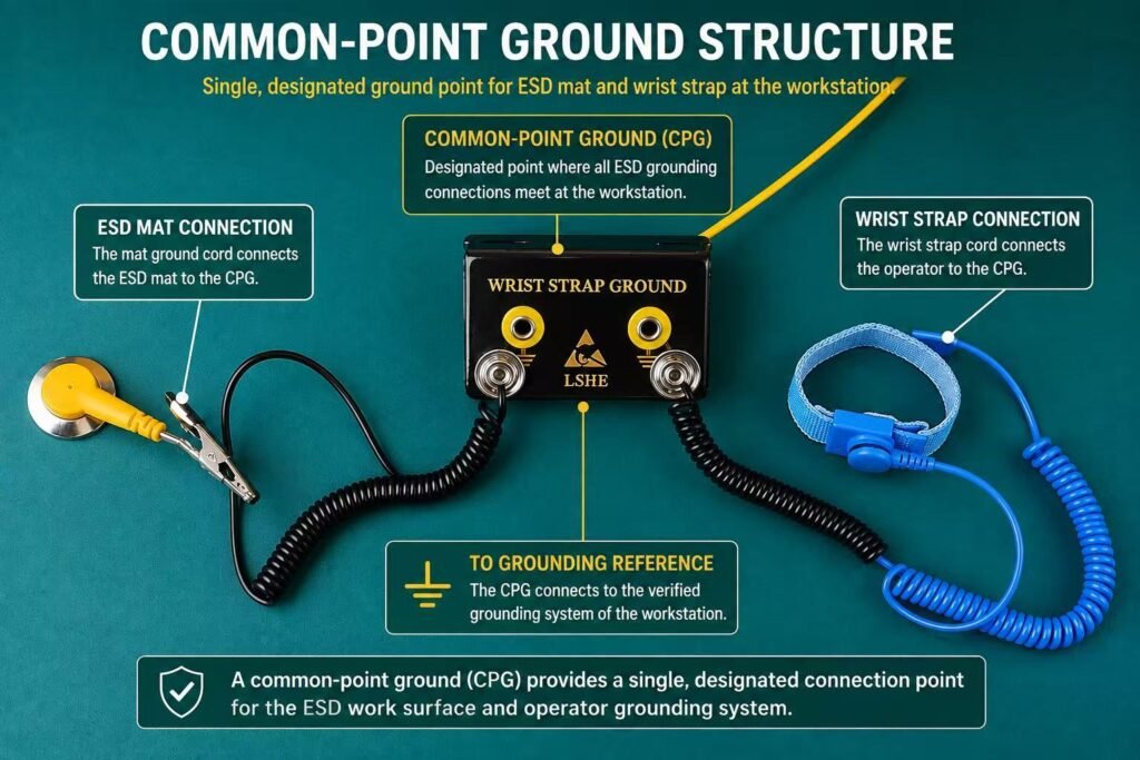 Common-point ground connecting an ESD mat and wrist strap
