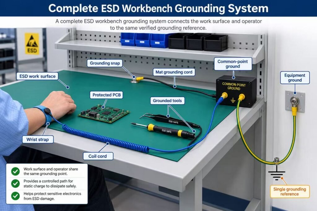 Complete ESD workbench grounding system with mat, wrist strap and common-point ground