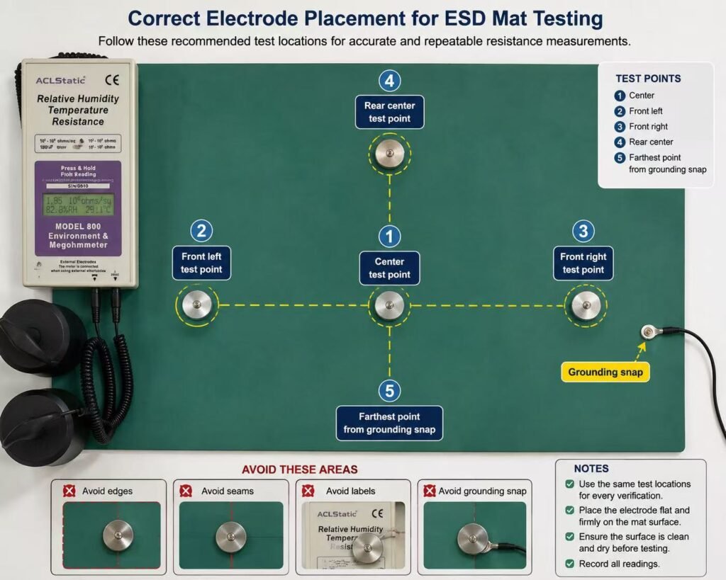 Correct electrode placement for ESD mat resistance testing Image Title