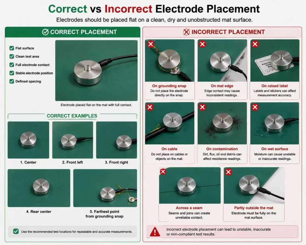 Correct and incorrect electrode placement during ESD mat testing