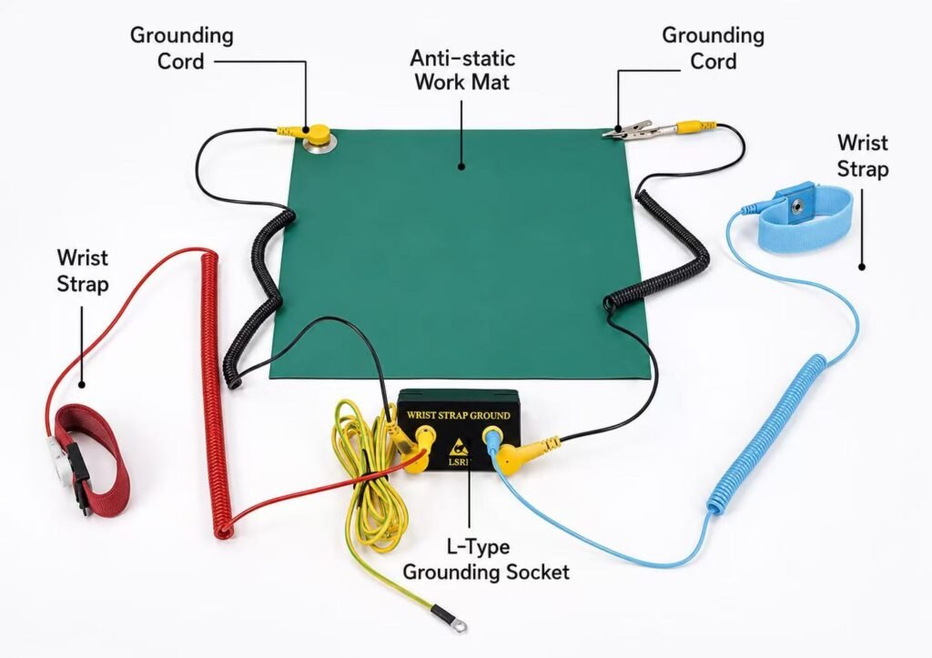 ESD grounding mat system with ground cord and common point ground