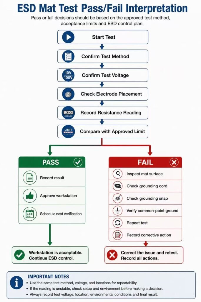 ESD mat resistance test pass or fail interpretation flowchart
