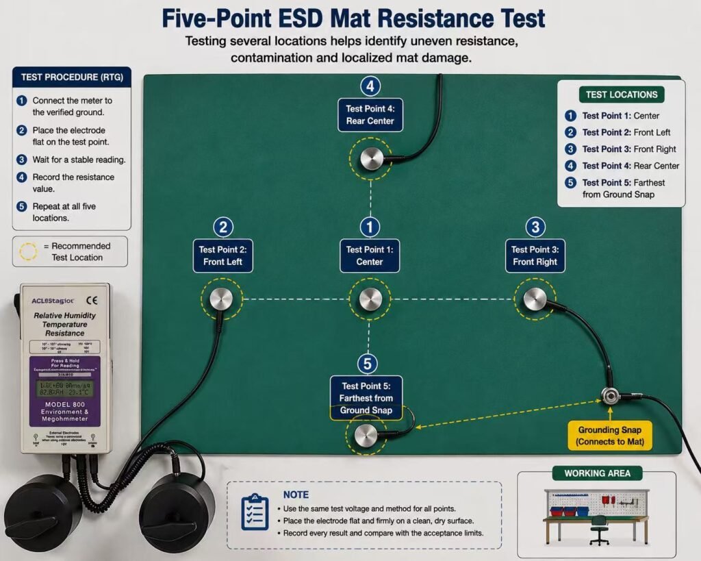 Five-point resistance testing procedure for an ESD workbench mat