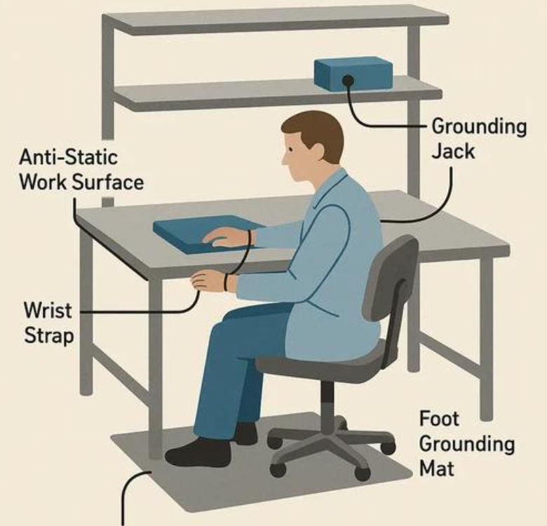 Anti static bench mat connected to common point ground with mat cord and wrist strap