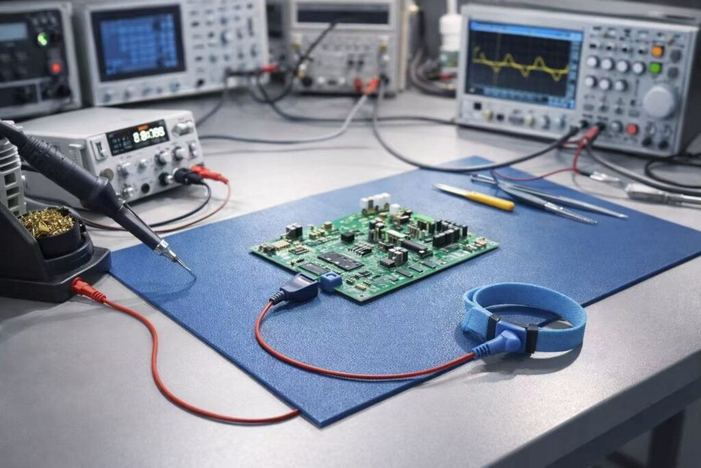 grounded ESD bench mat for electronics workstation