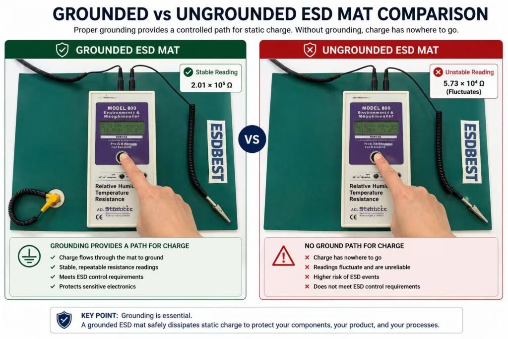 Grounded vs ungrounded ESD mat comparison