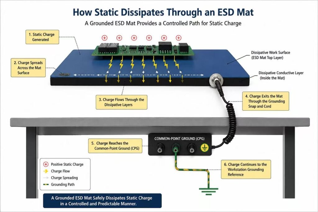 Diagram showing how static charge dissipates through a grounded ESD mat