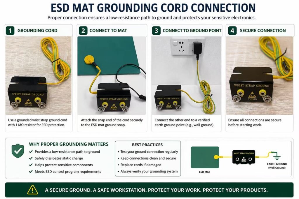 How to ground an ESD mat on an electronics workbench