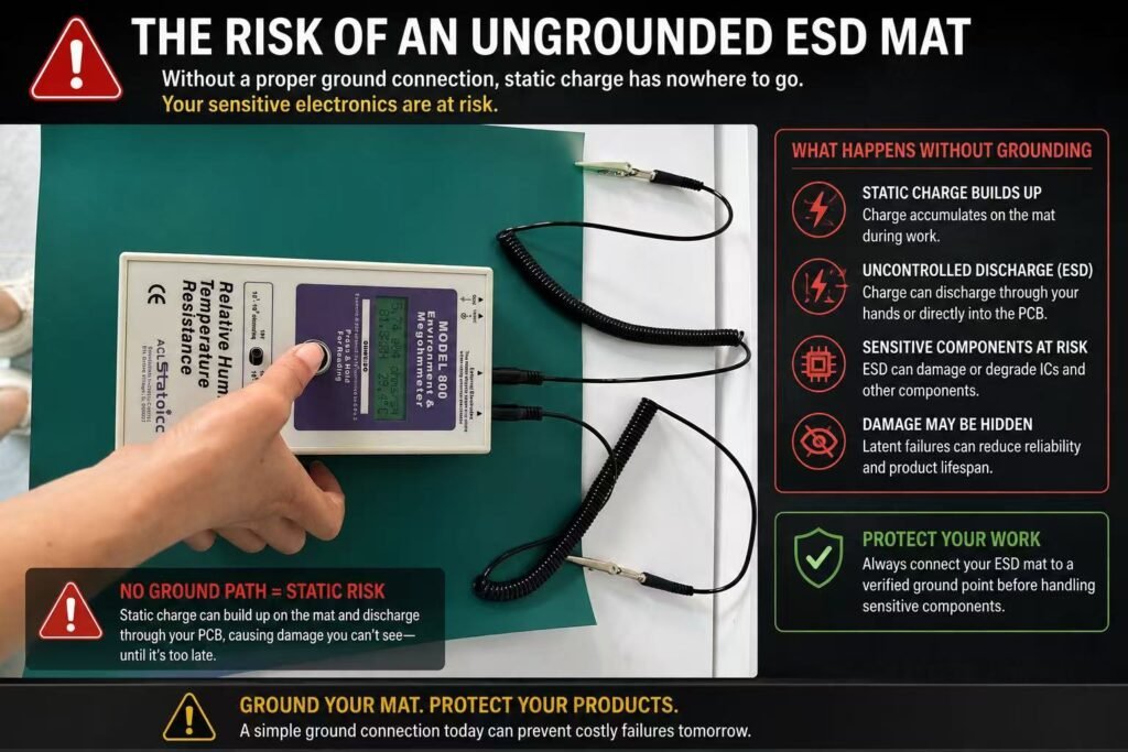 Ungrounded ESD mat risk during PCB handling