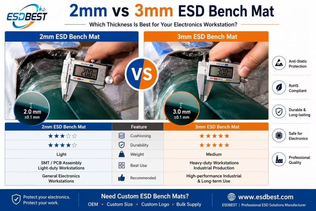 Different thickness options for ESD bench mats.