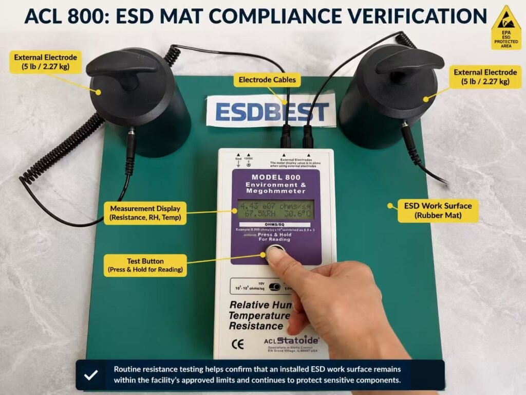 ACL 800 resistance meter performing ESD mat compliance verification