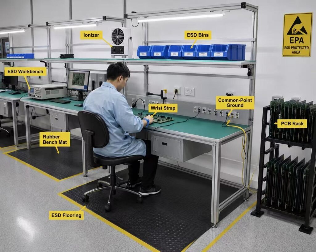 A complete ESD Protected Area combines personnel grounding, grounded work surfaces, controlled materials and routine verification.