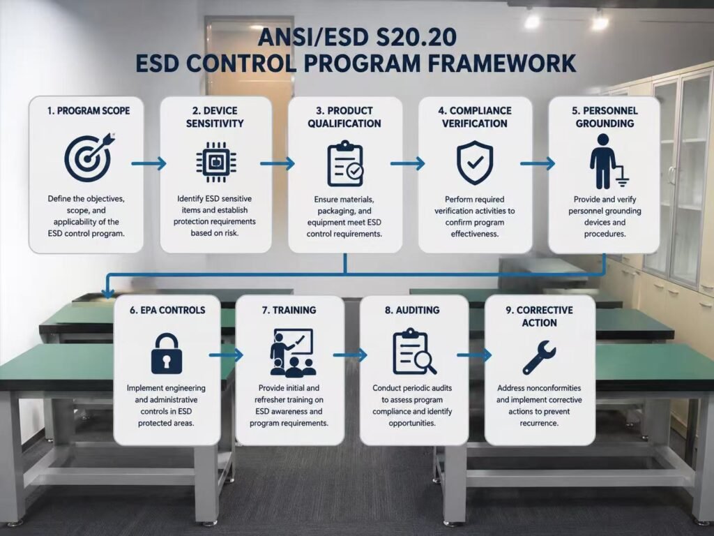 ANSI ESD S20.20 control program framework including qualification verification training and audits