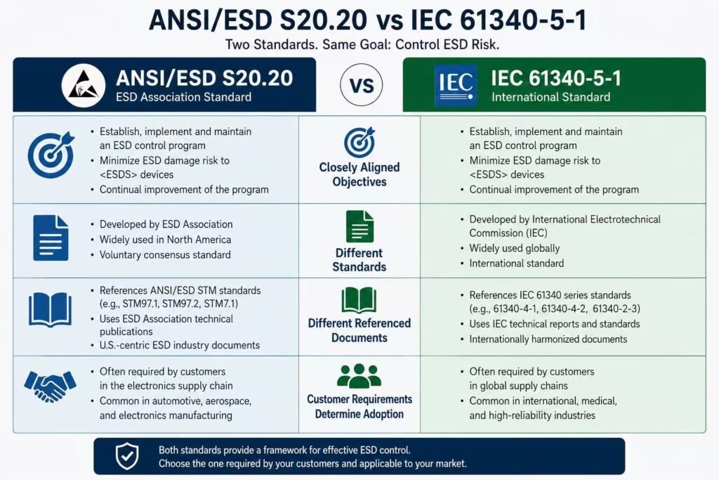 Comparison between ANSI ESD S20.20 and IEC 61340-5-1 requirements