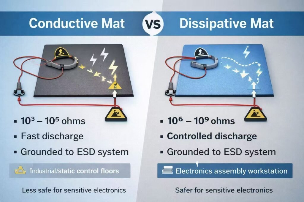Conductive mat versus static dissipative mat resistance comparison