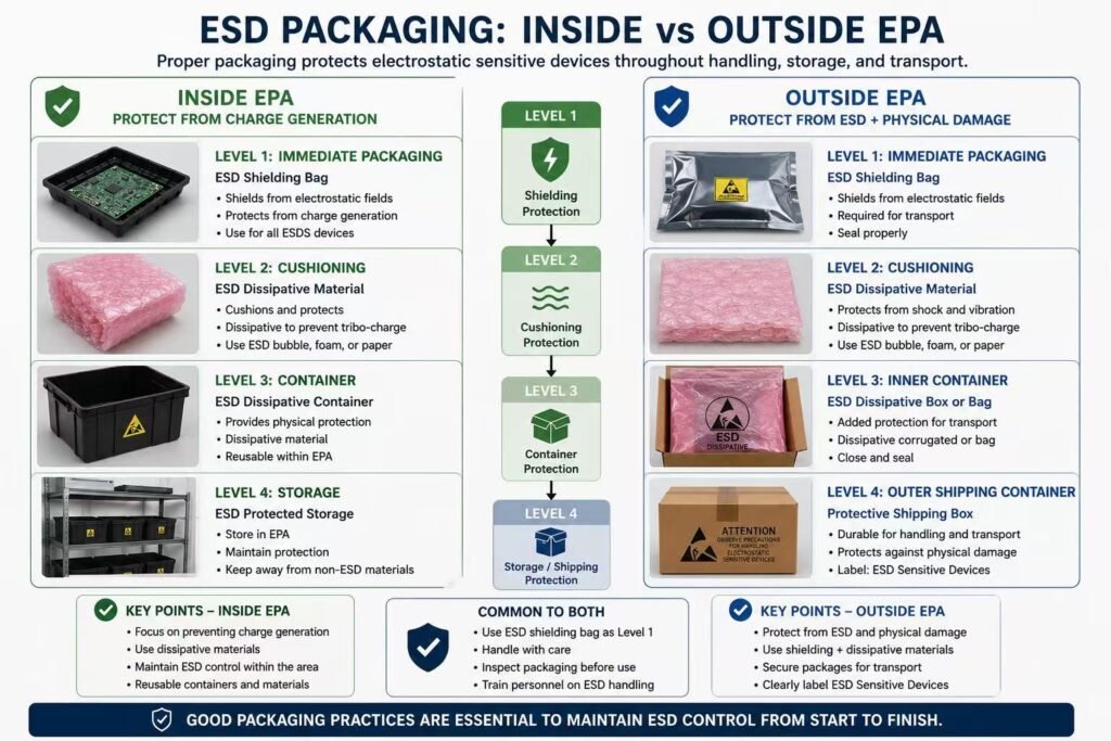 ESD packaging requirements inside and outside an ESD protected area
