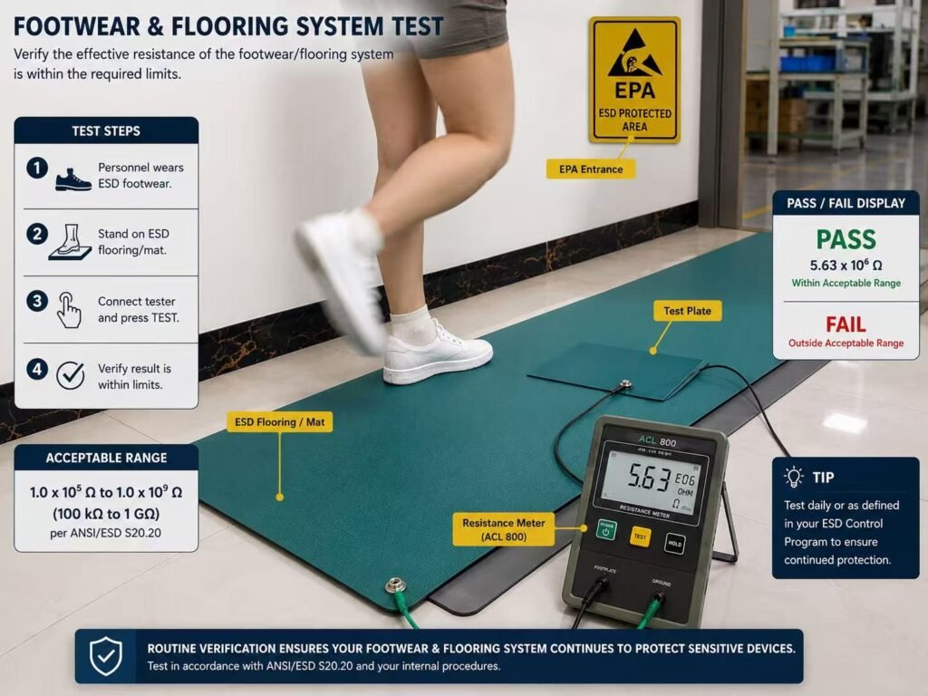 Personnel footwear flooring system test for ANSI ESD control verification