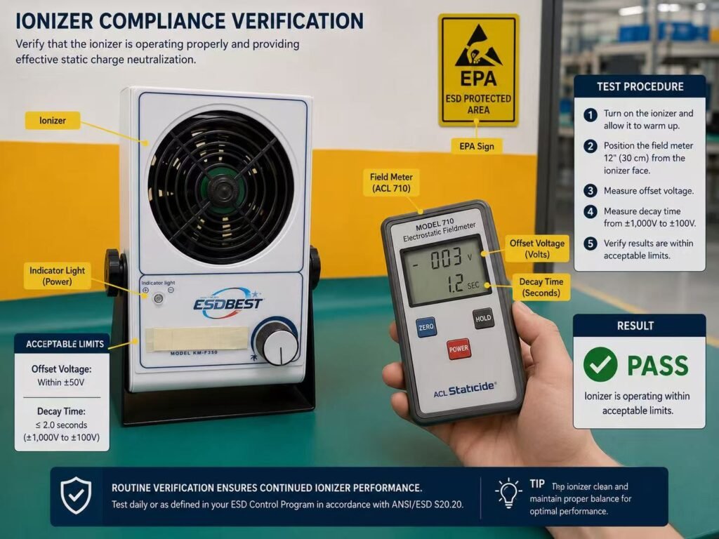 ESD ionizer offset voltage and decay time verification at an electronics workstation