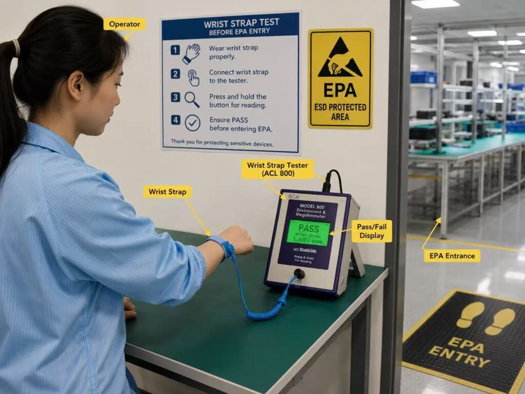 Operator testing an ESD wrist strap before entering a protected area
