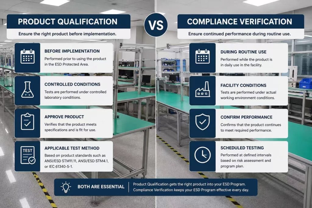 Comparison between ESD product qualification and compliance verification