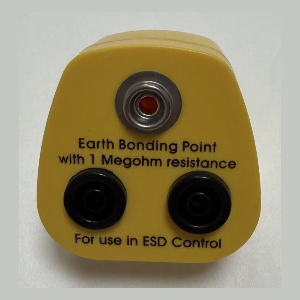 UK earth bonding plug with 1 megohm resistance, one 10mm stud and two 4mm sockets